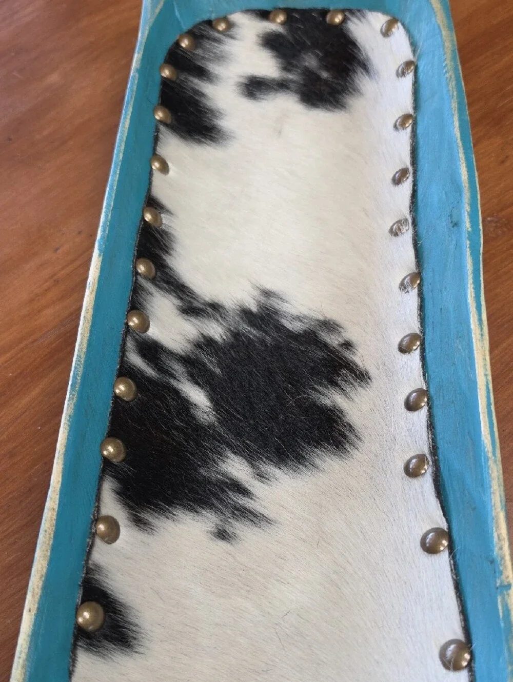 Turquoise Wooden Dough Bowl with Black & White Hair-on-Hide Accent